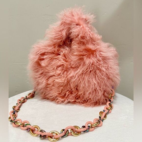 Flamingo Pink Real Curly Shearling Handmade Top HandleBag/Shoulder Bag/Crossbody - Picture 5 of 16
